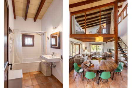 Bathroom And Living Space Collage In Tranquil Country Finca With Garden Pool And Workspace