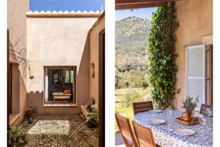 Courtyard And Outdoor Dining Table Collage In Tranquil Country Finca With Garden Pool And Workspace