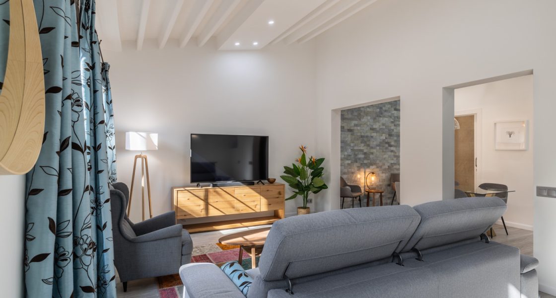 Grey sofa facing a tv