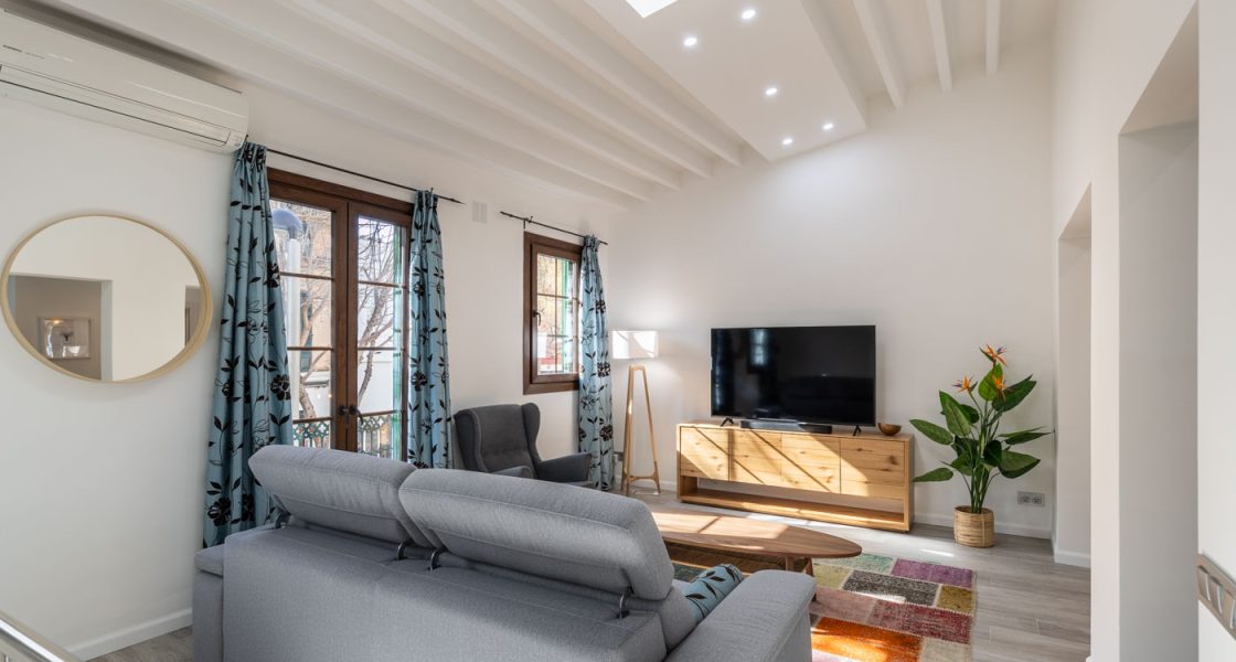 Side view of a living room with grey sofas